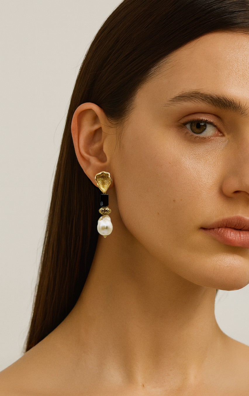 Baroque Pearl Drop Earrings With Obsidian Gemstone