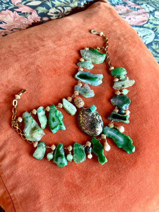 Boho Statement Green Agate Necklace with Pearls & Mother of Pearl Pendant