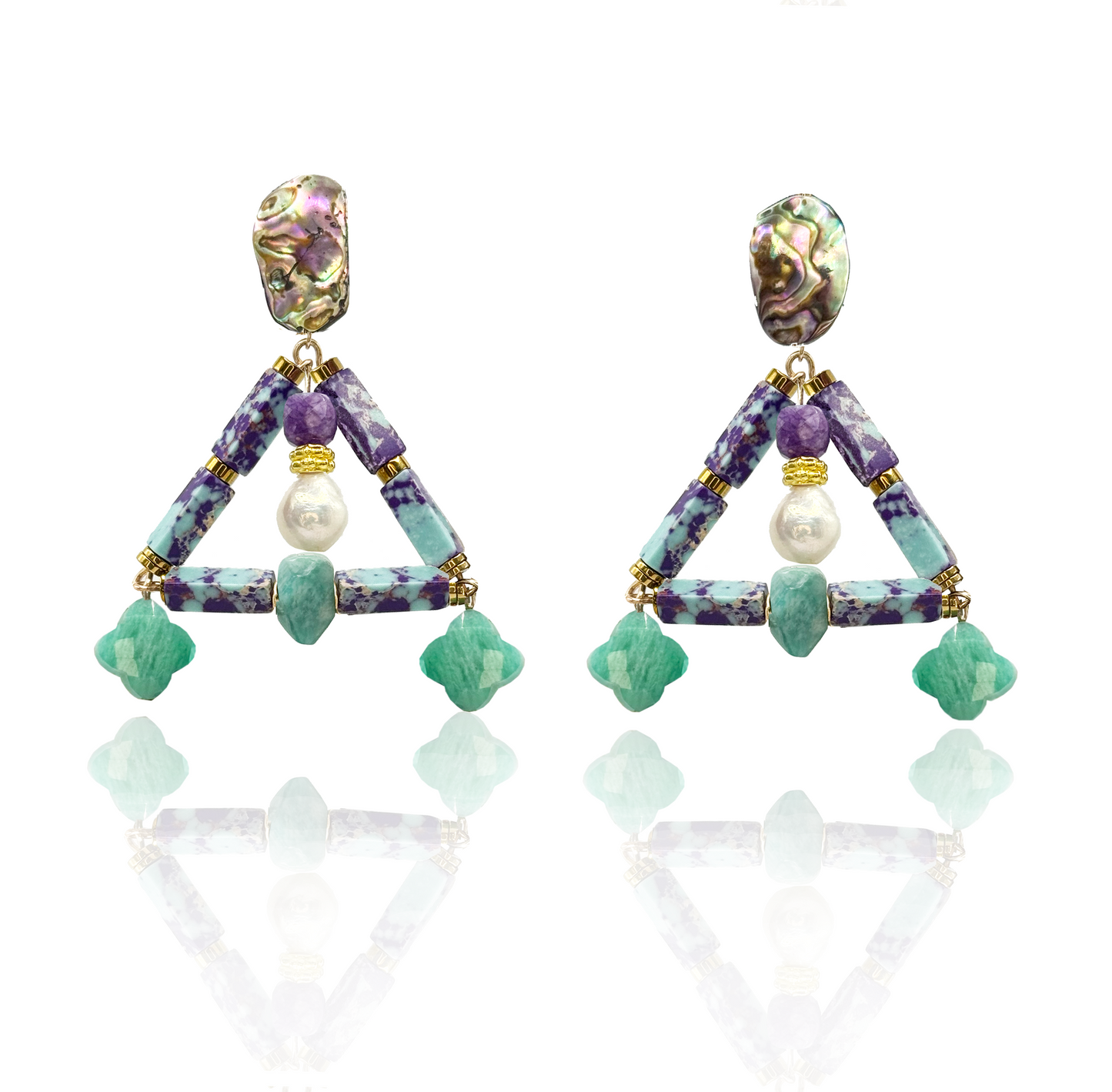 Boho Gemstone Earrings With Amazonite, Amethyst, Pearl & Mother of Pearl