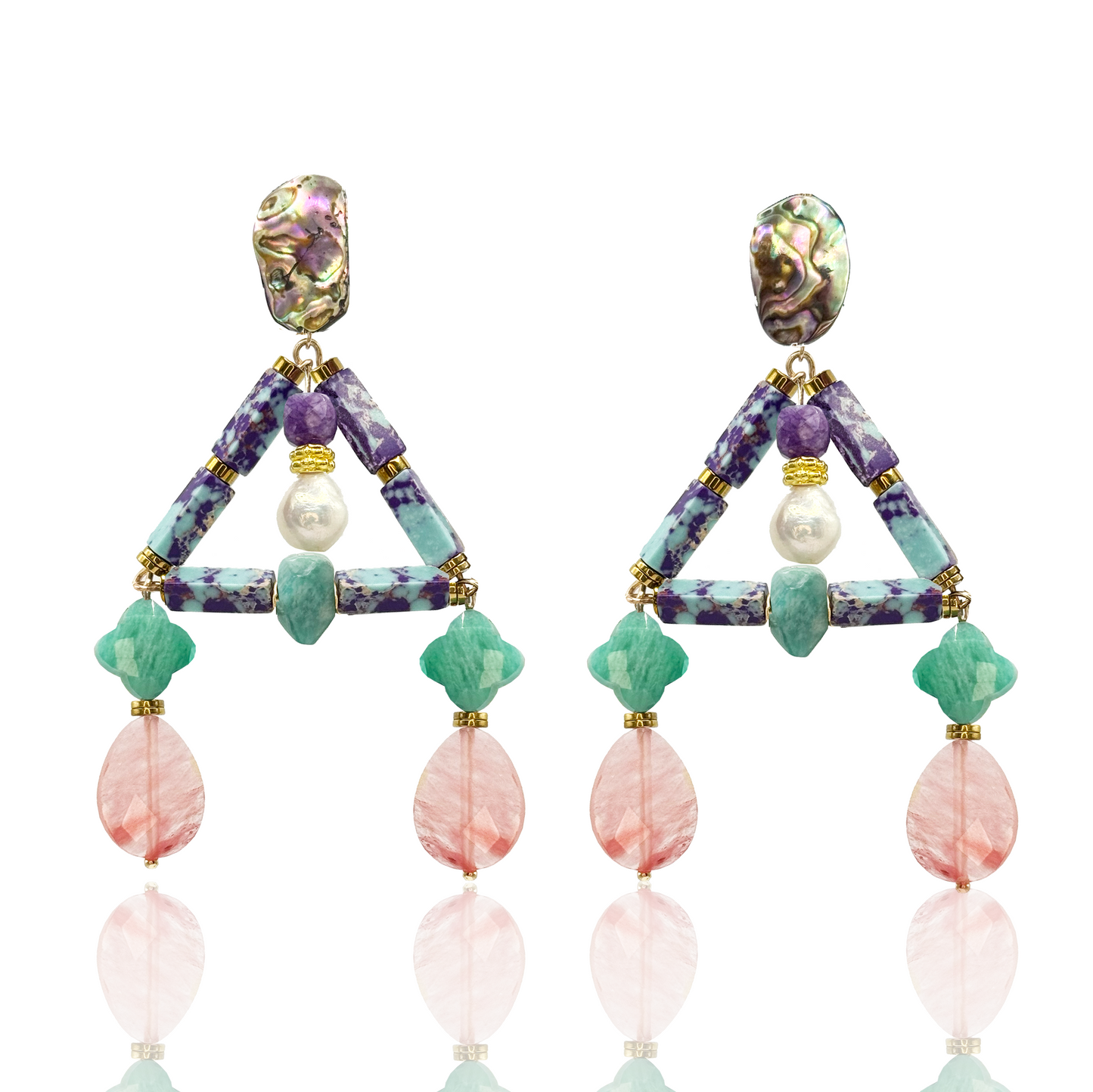 Boho Gemstone Earrings With Amazonite Amethyst Pearl & Mother of PBoho Gemstone Earrings With Amazonite Amethyst Pearl & Mother of Pearl & Watermelon Quartzearl & Watermelon Quartz showcasing vibrant colors and unique design.