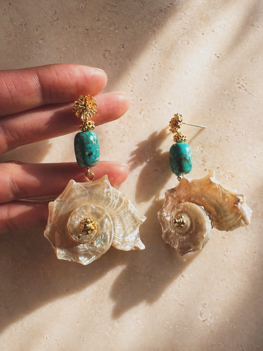 Statement Summer Earrings With Turqoise Gemstone & Conch Shells