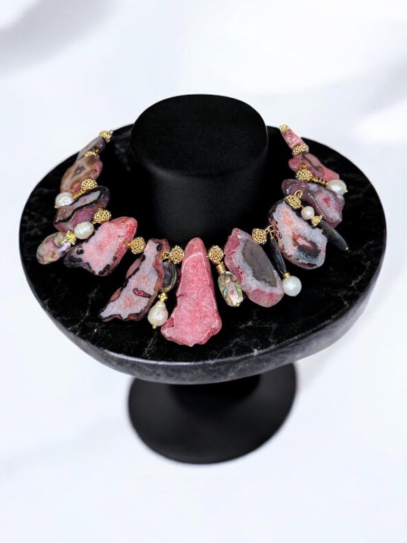 Artisan Pink agate gemstone statement necklace with pearls and mother of pearl