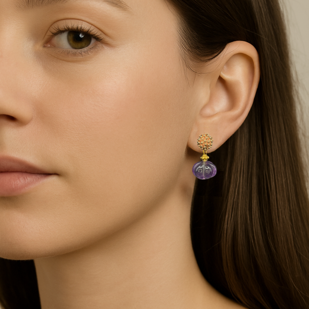 Carved Purple Fluorite Gemstone Earrings