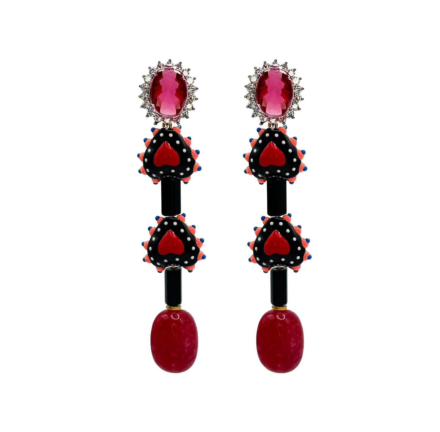 Statement Dangle Earrings with Obsidian & Carnelian gemstones, handcrafted ceramic hearts, and gold-plated hematite