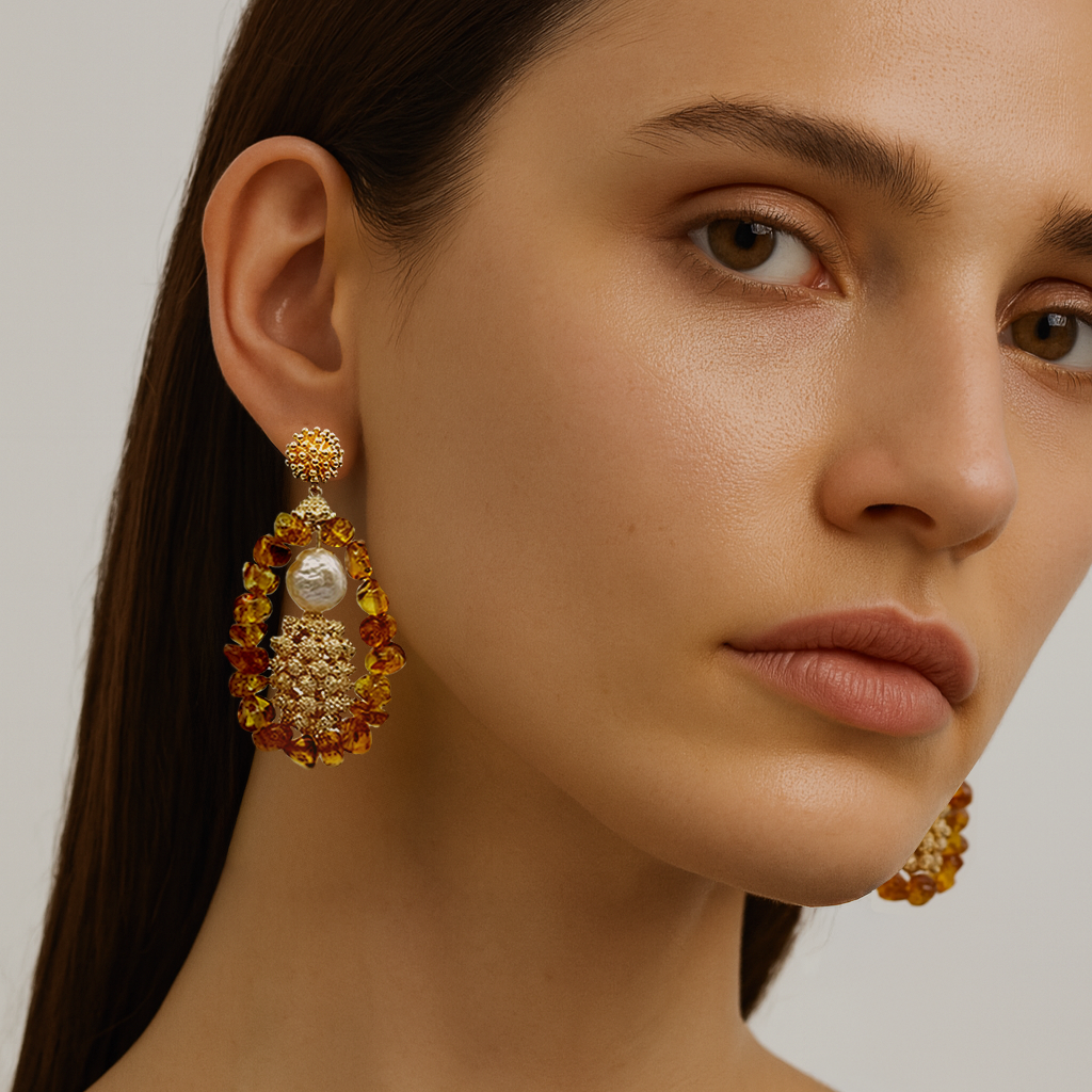 Amber & Pearl Gemstone Earrings