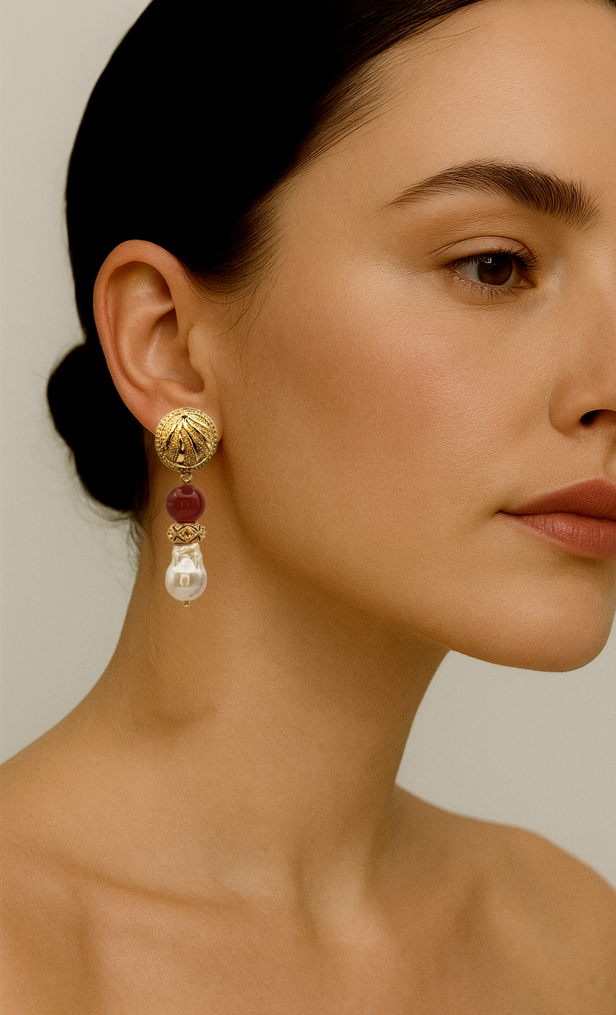 Baroque Pearl Drop Earrings With Burgundy Carnelian Gemstone