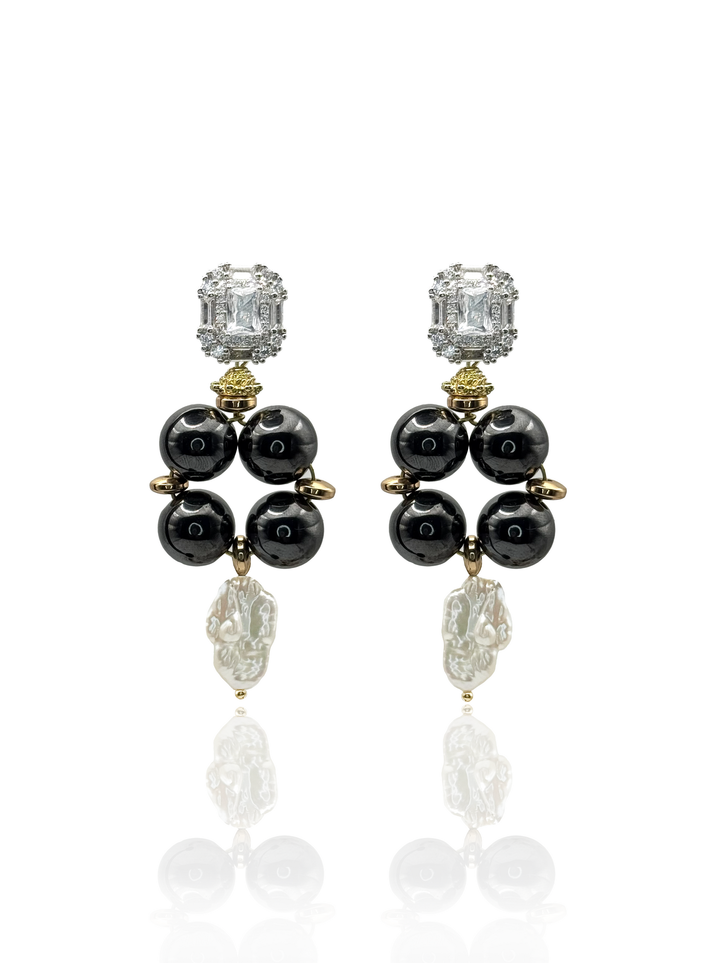 Hematite Drop Earrings with Pearls and Zirconia Tops