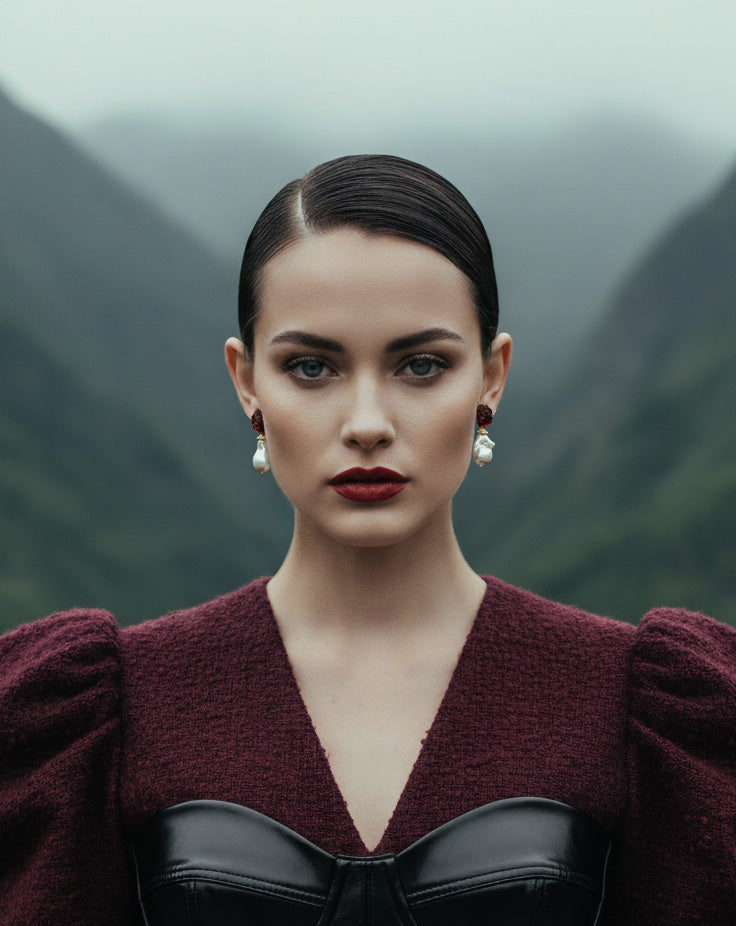 Garnet Gemstone Earrings With Baroque Pearls