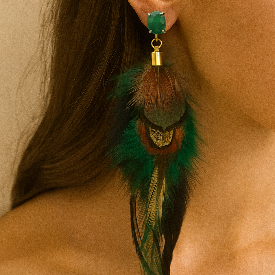 Boho Green Feather Statement Earrings