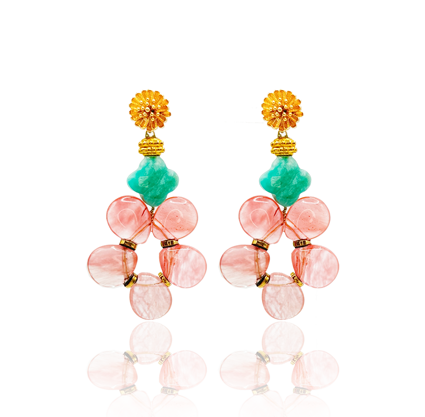 Gemstone Earrings with Watermelon Quartz, Gold-plated hematite & faceted amazonite.