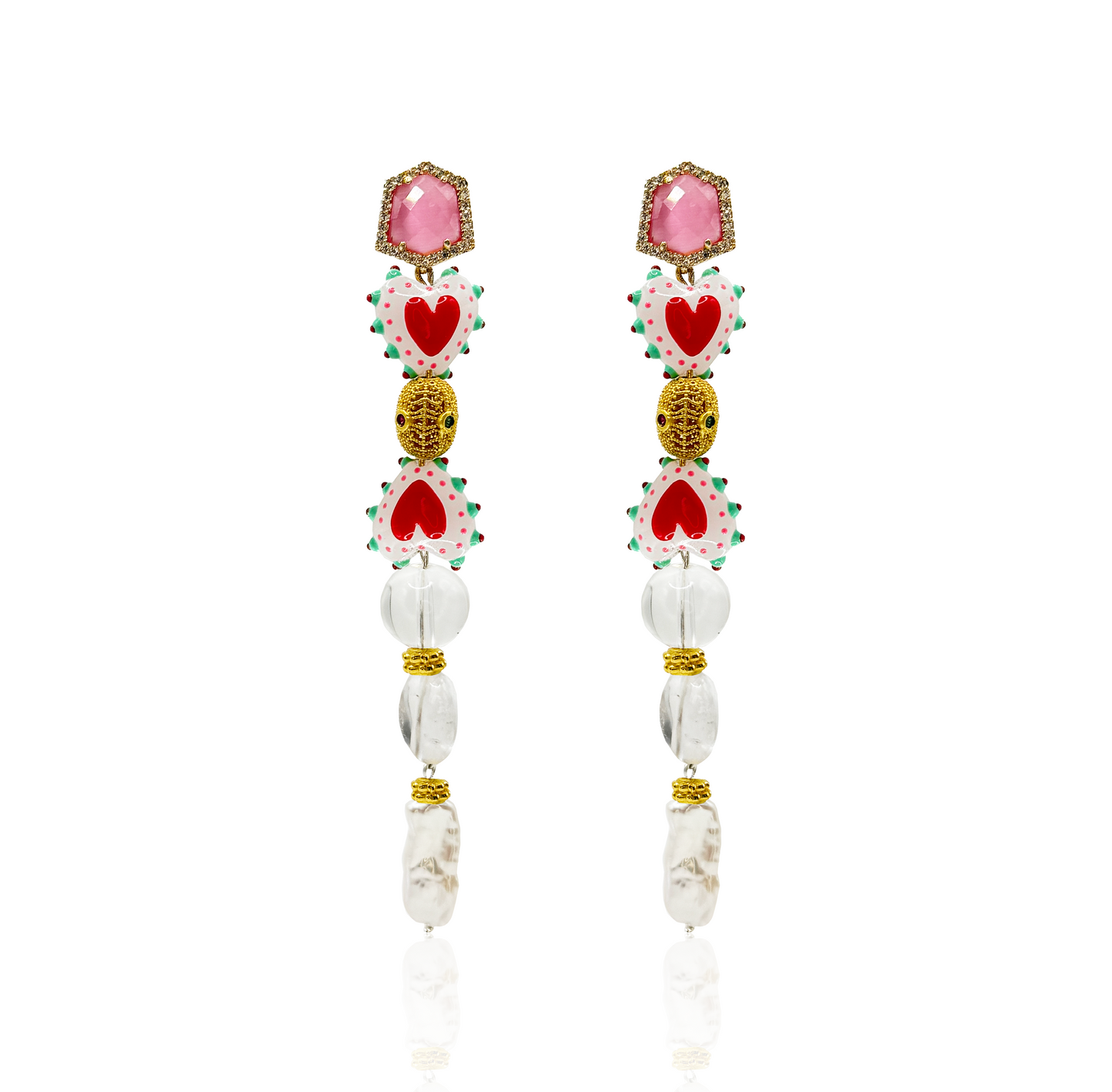Gemstone Dangle Earrings with Pearls, Crystal Quartz, Handcrafted Ceramic and Gold-Plated Beads