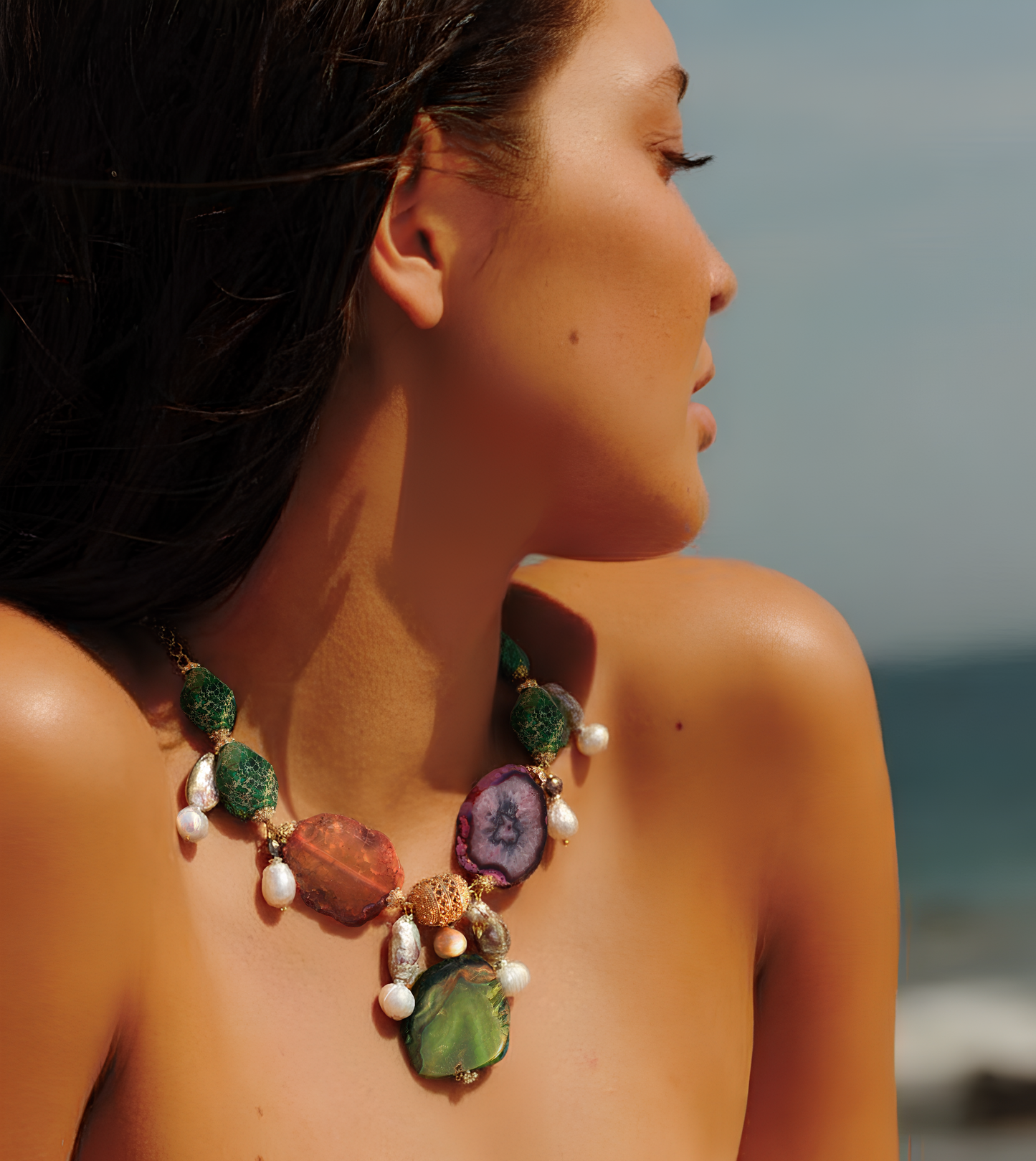 Multicoloured Gemstone Statement Necklace with Pearls