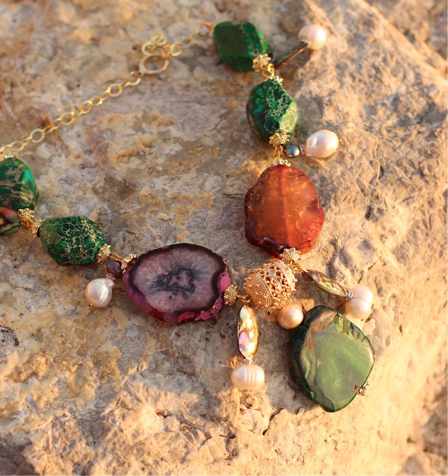Multicoloured Gemstone Statement Necklace with Pearls