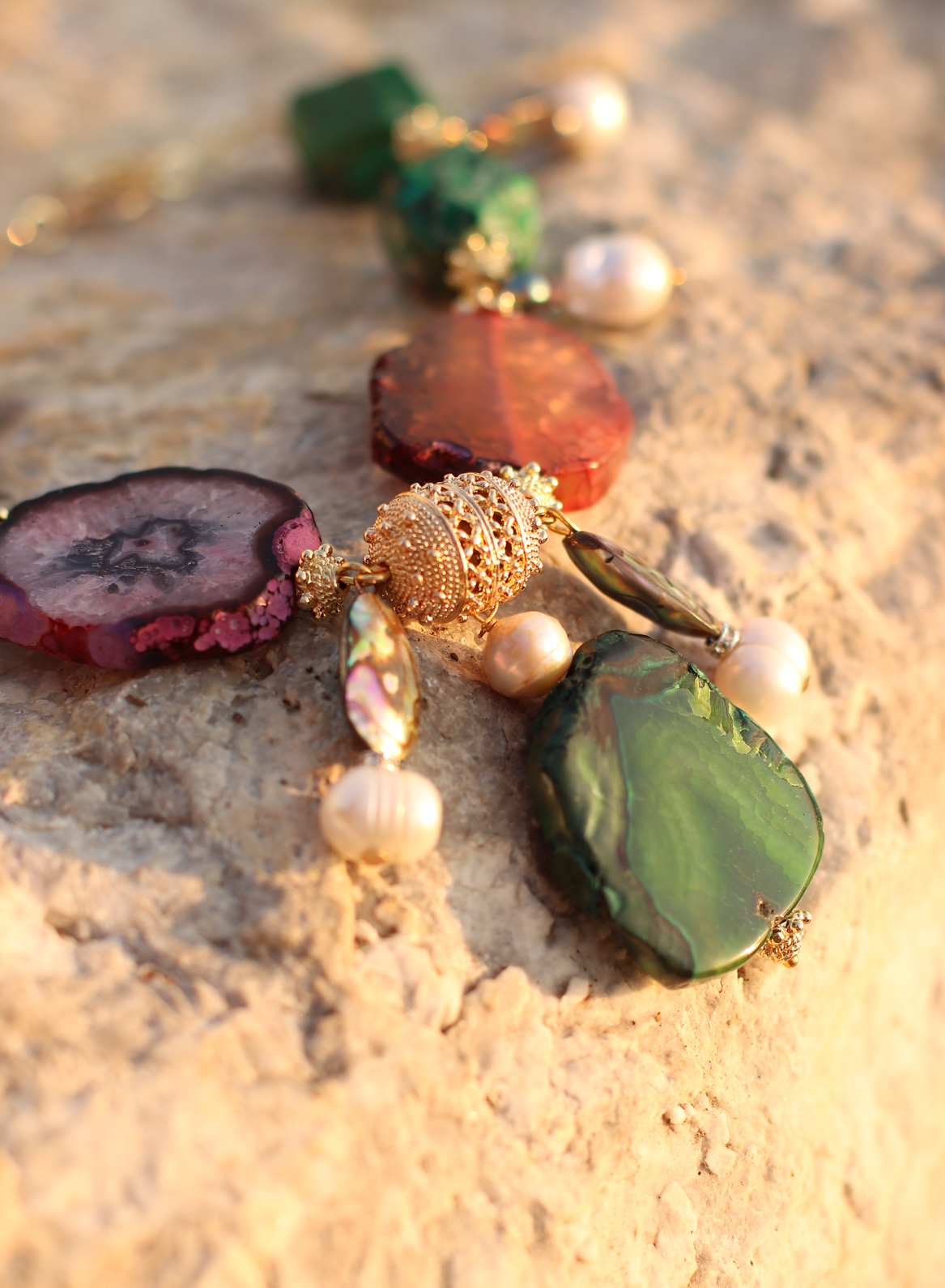 Multicoloured Gemstone Statement Necklace with Pearls