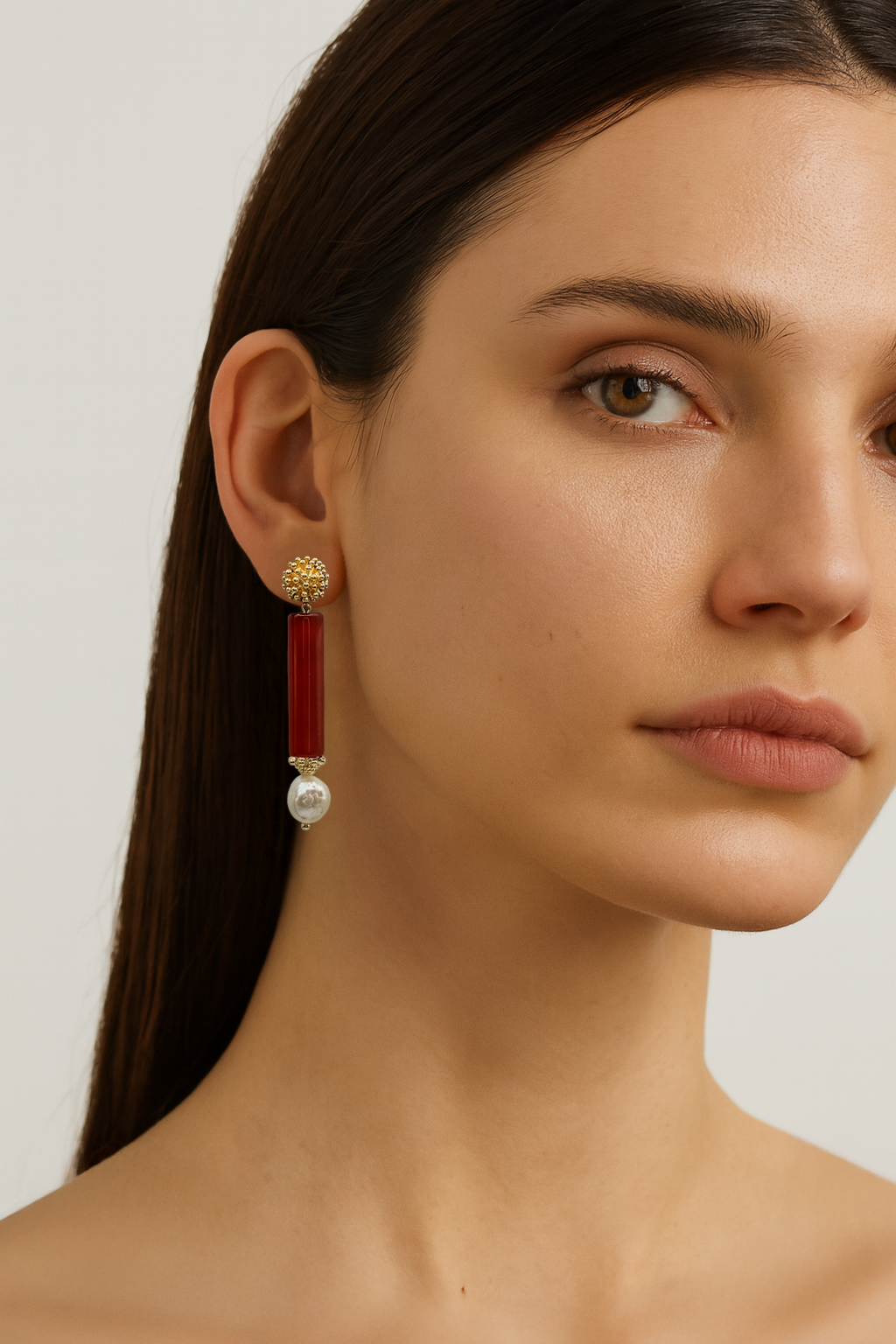 Red Agate Gemstone Pearl Drop Earrings