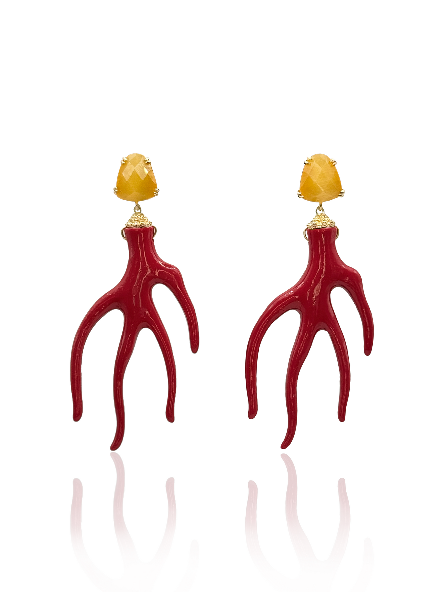 Red Coral Drop Earrings with Yellow Gemstone Tops