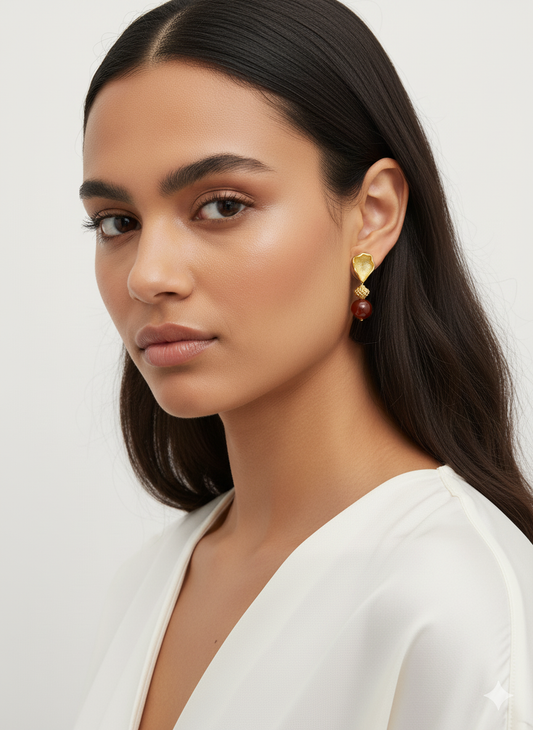 Red Carnelian Gemstone Earrings with Golden Top