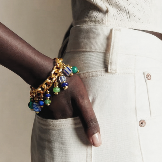 boho gold bracelet with colorful murano glass beads and gemstones