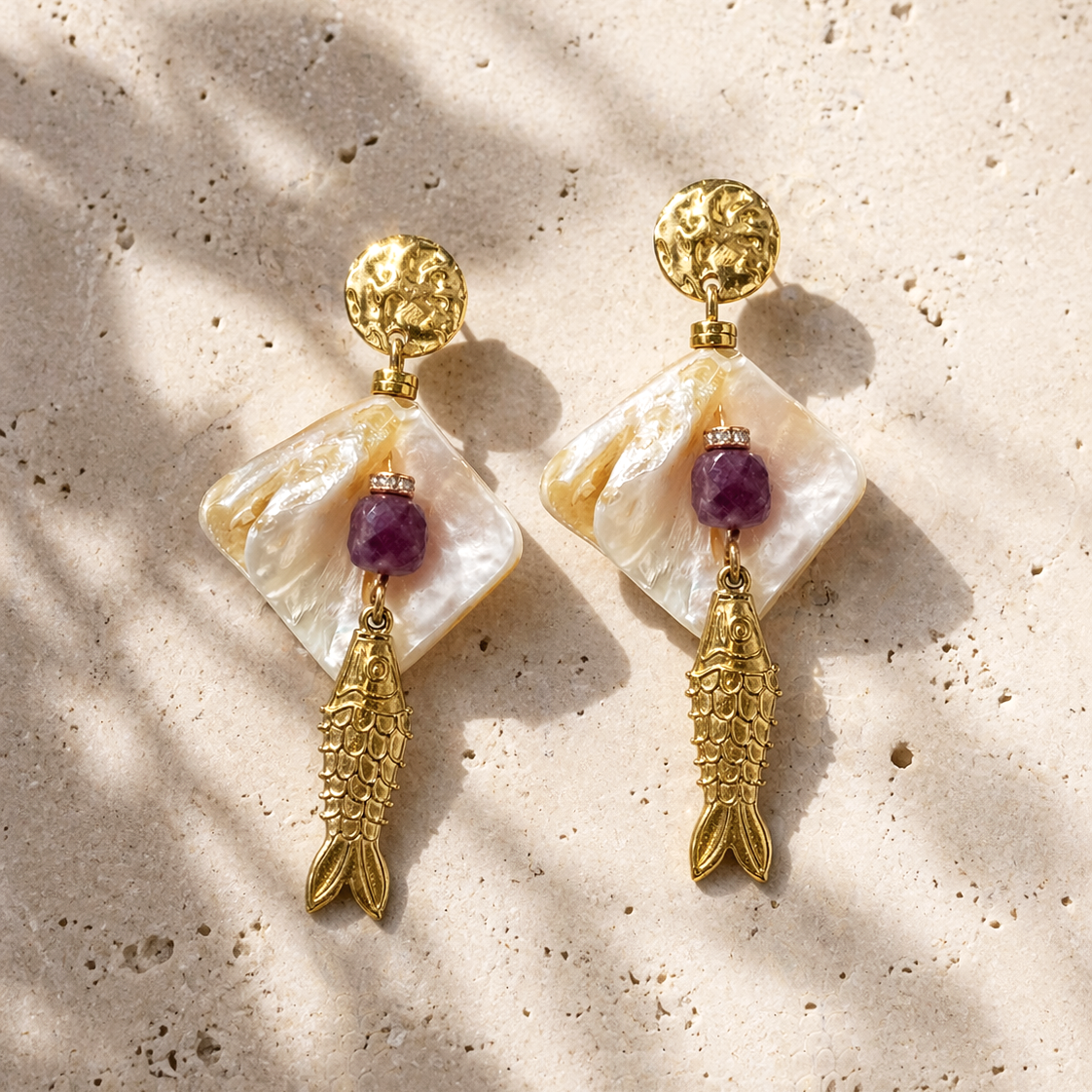 Golden Fish Boho Earrings With Faceted Amethyst