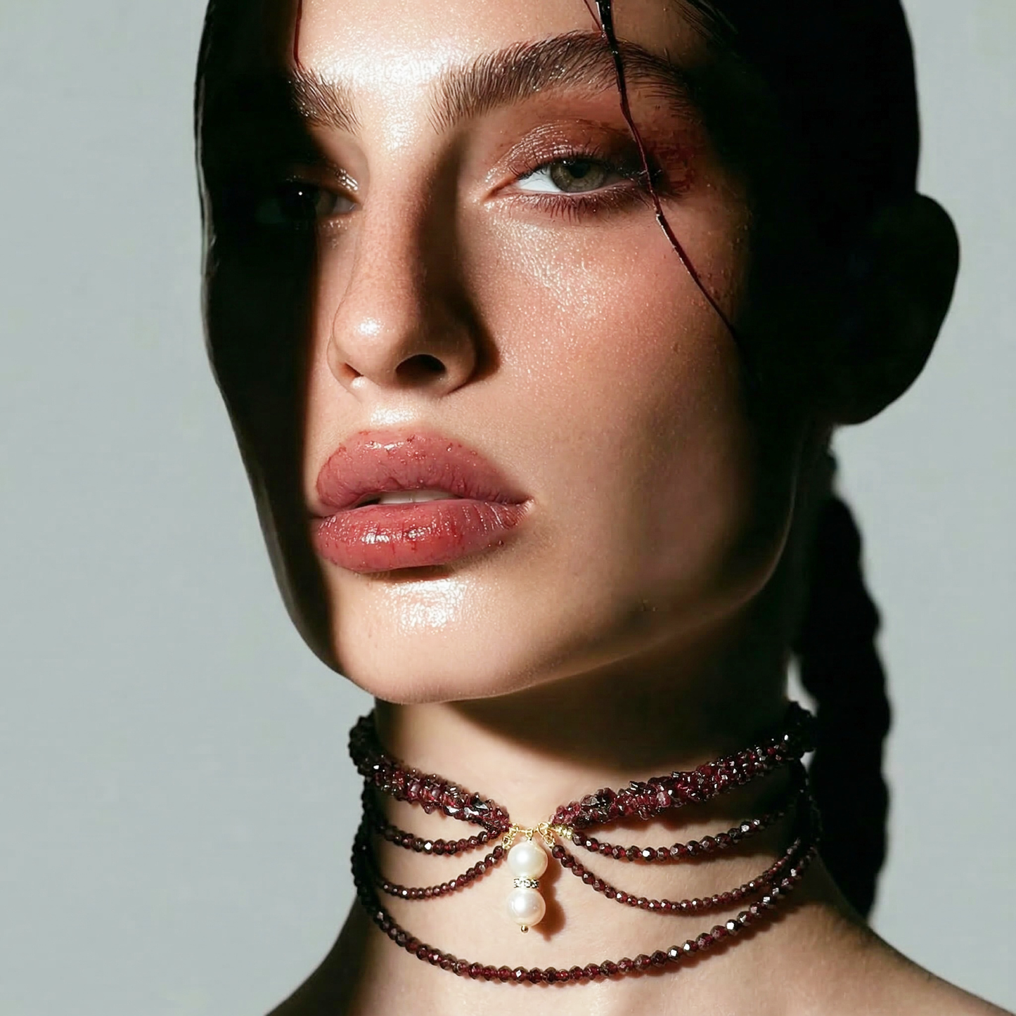 Garnet Gemstone Choker Necklace With Pearls
