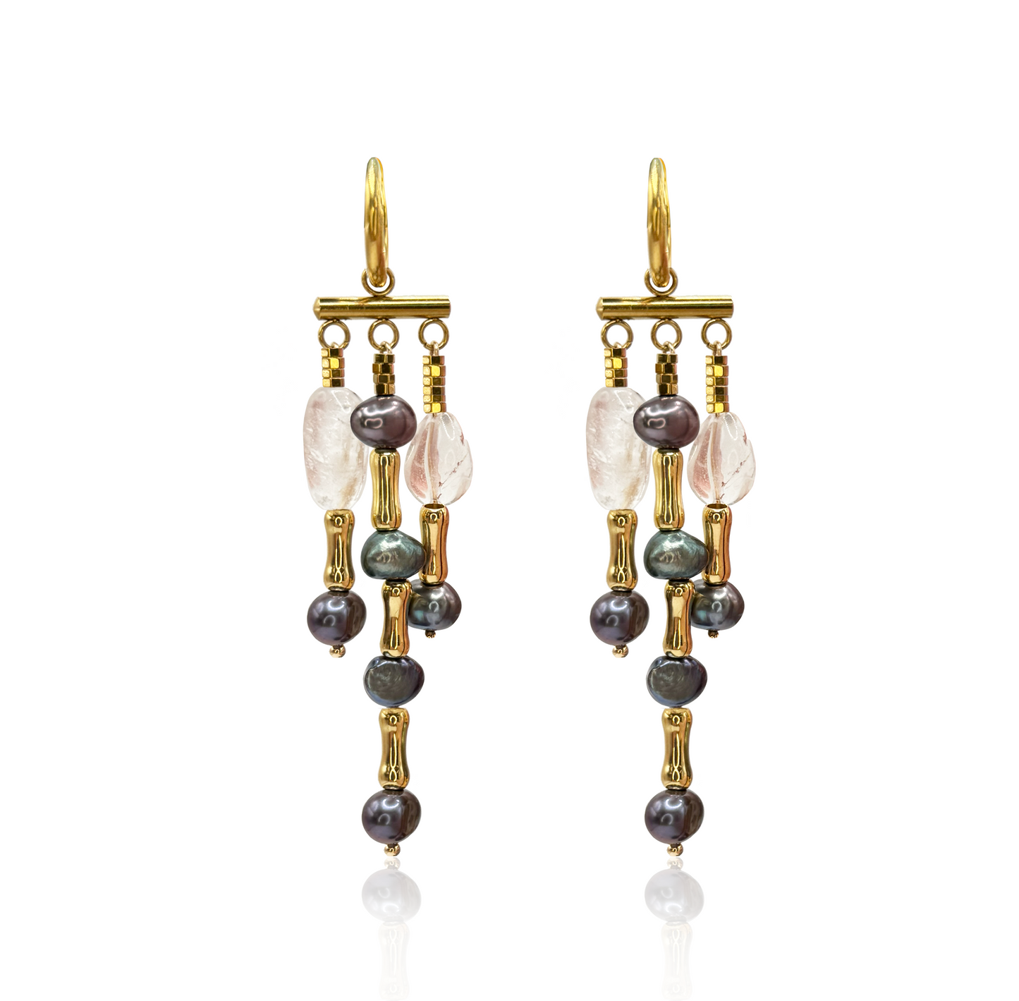 Boho Tahitian Pearl & Crystal Quartz Chandelier Earrings