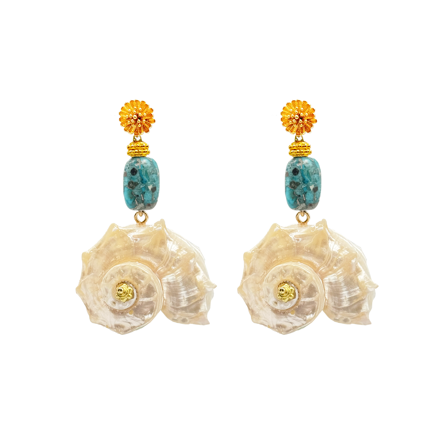 Thalora Statement summer beach earrings with shell, golden tops and turquoise bead. Tulum, Ibiza holiday earrings