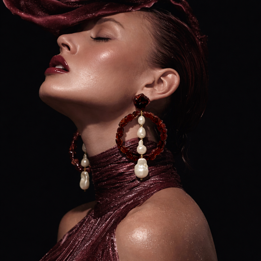 Thalora statement gemstone earrings with baroque pearls and garnet by Alexandra Amodio
