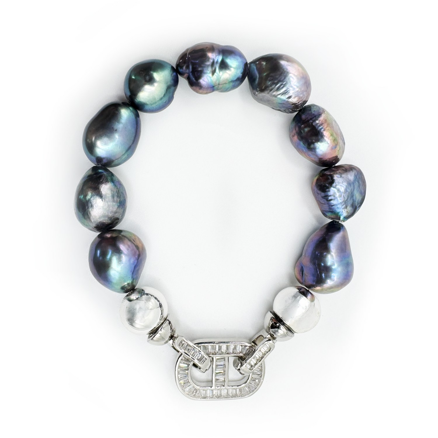 Beaded Bracelets featuring amazonite gemstones and clear quartz with gold-plated hematite accents and Tahitian pearl. Handcrafted for bold & pretty in London, UK.