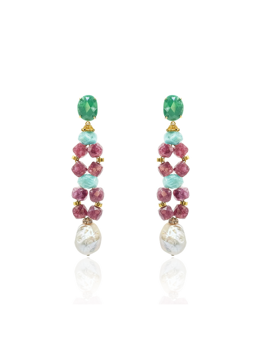Amethyst & Aquamarine Gemstone Earrings With Baroque Pearls