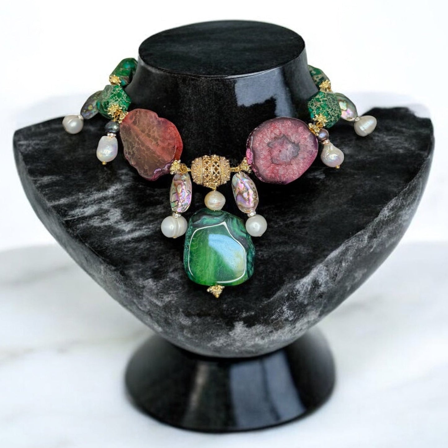 Artisan multicoloured gemstone statement necklace with jasper agate and pearls boho style