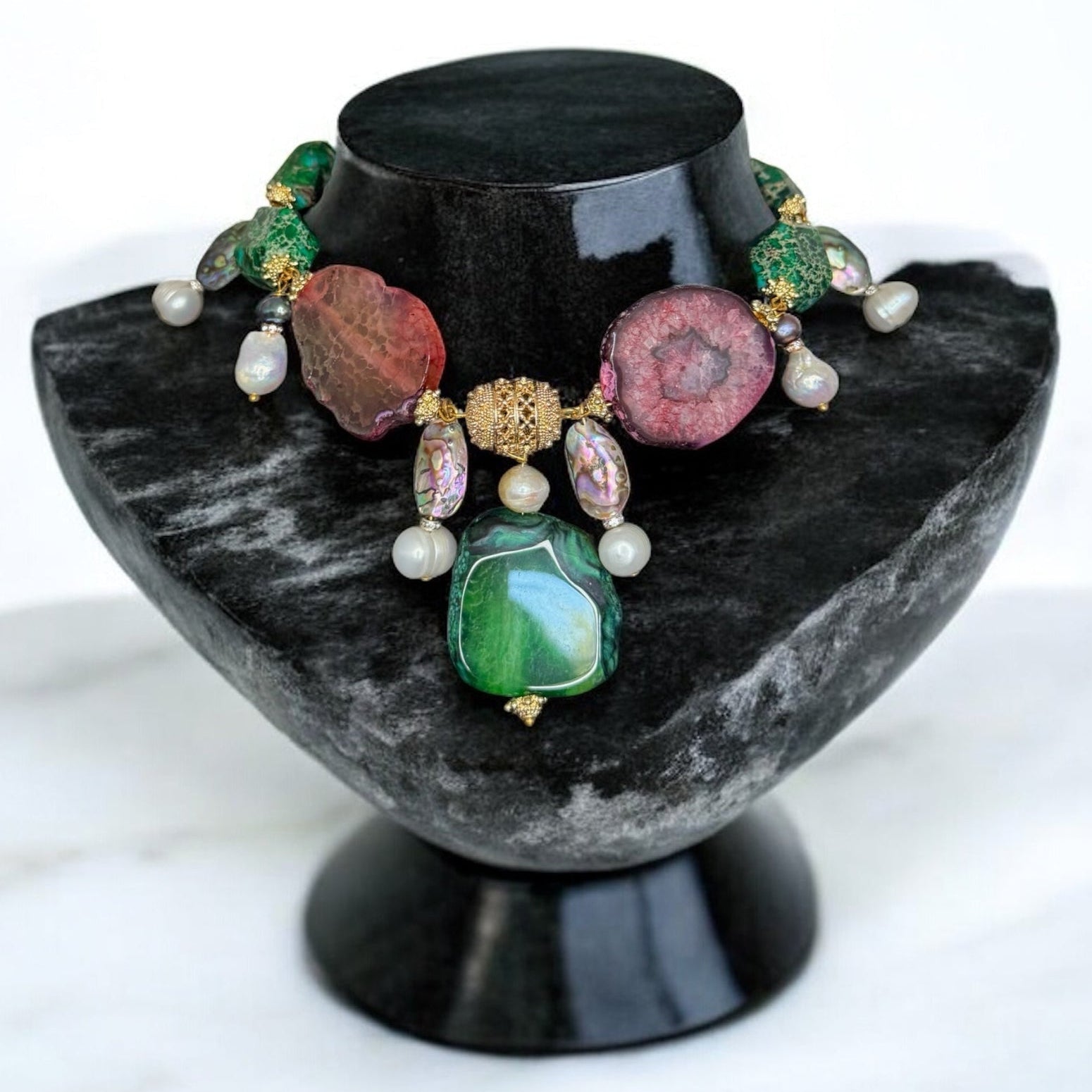 Artisan multicoloured gemstone statement necklace with jasper agate and pearls boho style