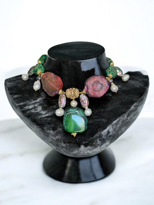 Artisan multicoloured gemstone statement necklace with jasper agate and pearls boho style
