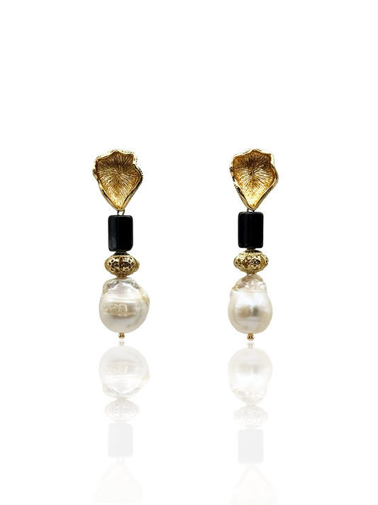 Baroque Pearl Drop Earrings With Obsidian Gemstone