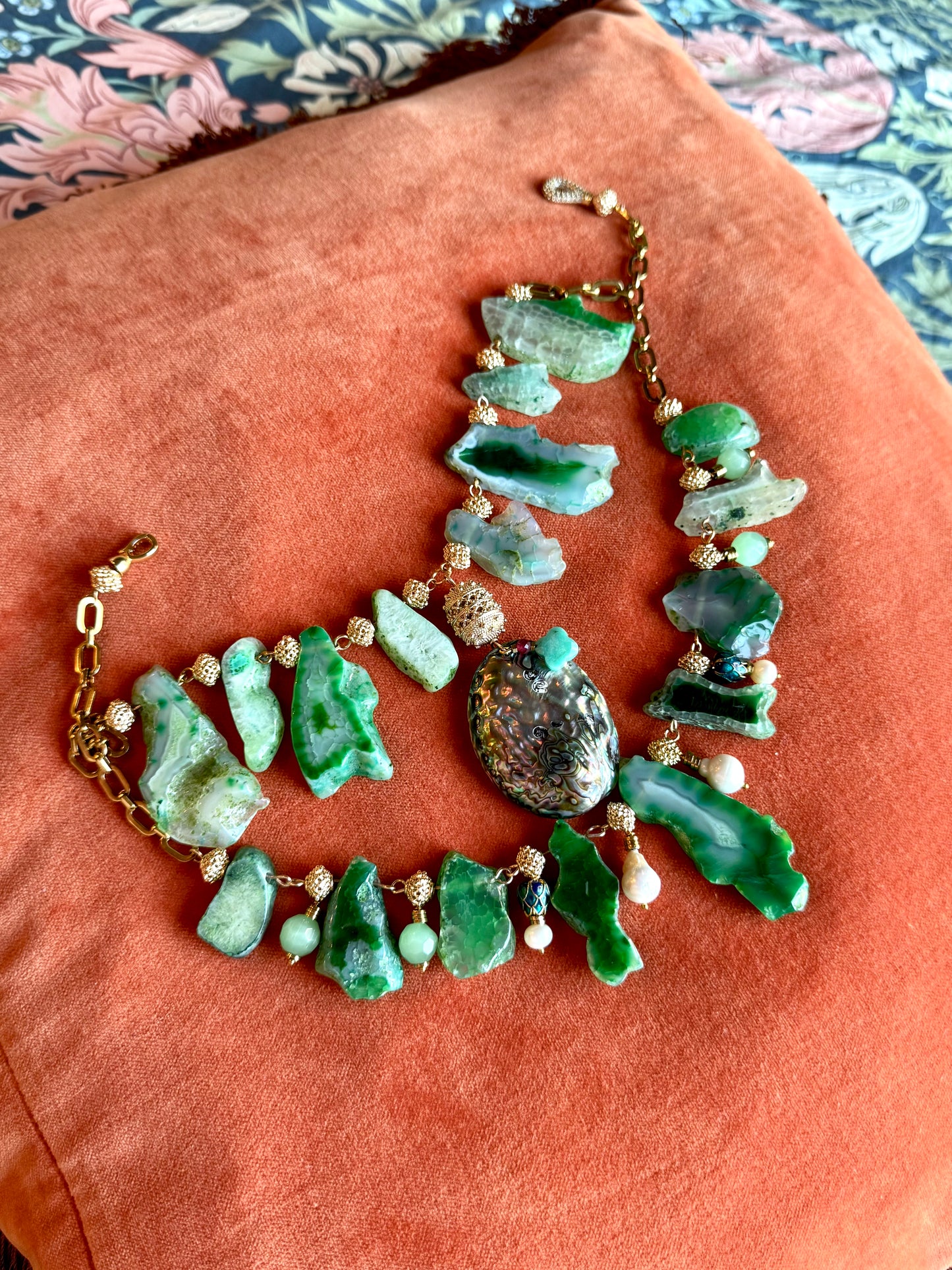 Boho Statement Green Agate Necklace with Pearls & Mother of Pearl Pendant
