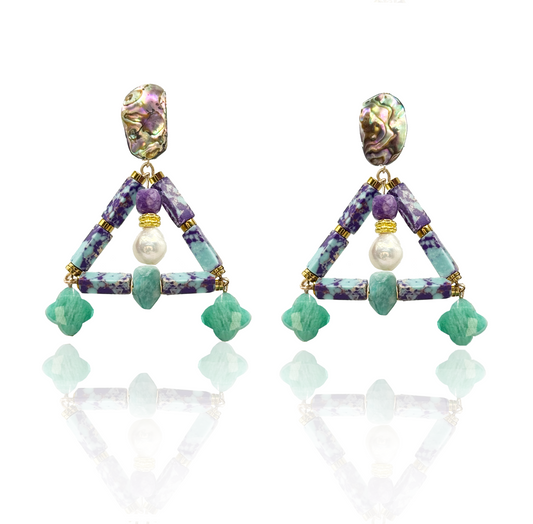 Boho Gemstone Earrings With Amazonite, Amethyst, Pearl & Mother of Pearl