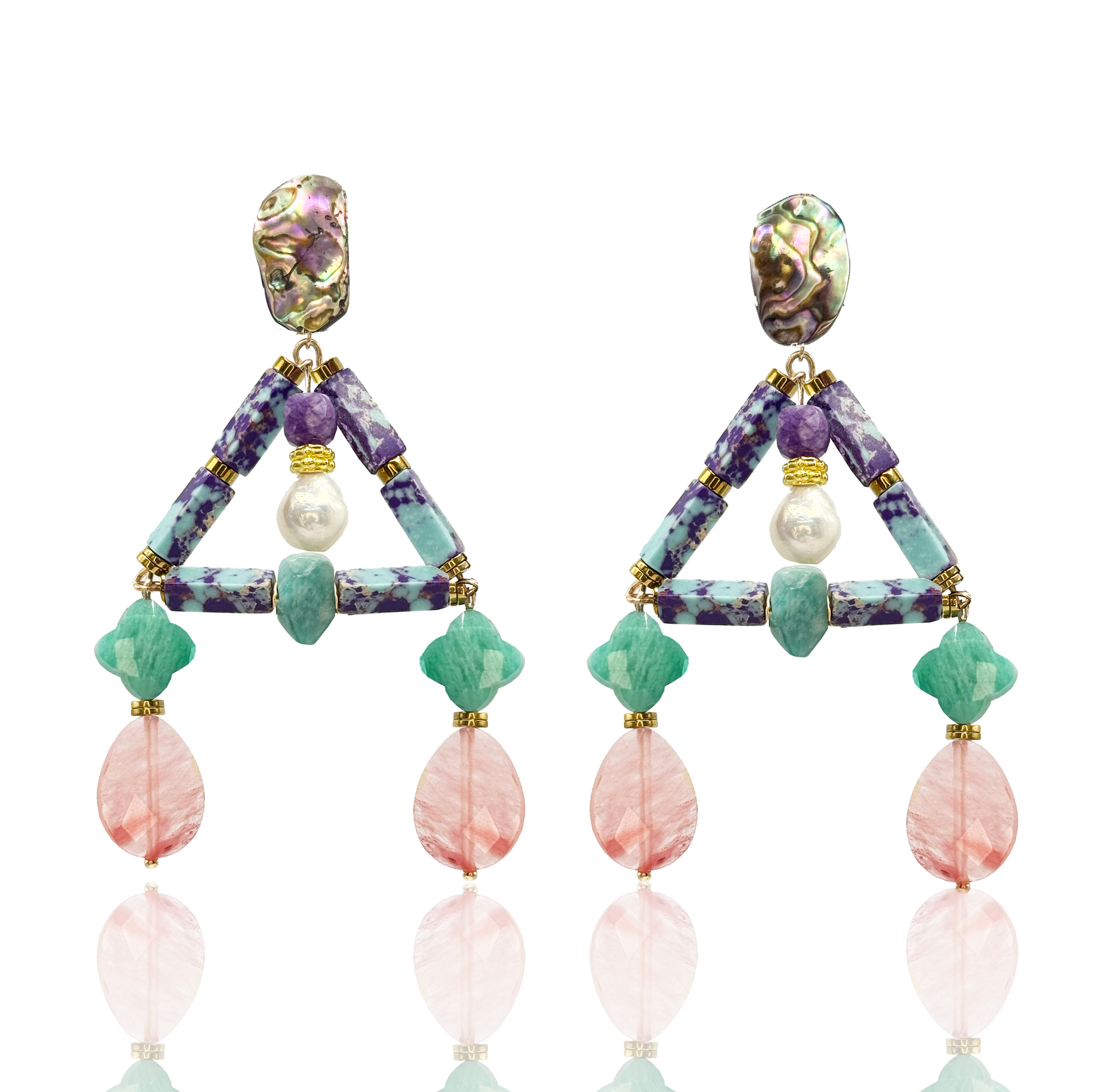 Boho Gemstone Earrings With Amazonite Amethyst Pearl & Mother of PBoho Gemstone Earrings With Amazonite Amethyst Pearl & Mother of Pearl & Watermelon Quartzearl & Watermelon Quartz showcasing vibrant colors and unique design.