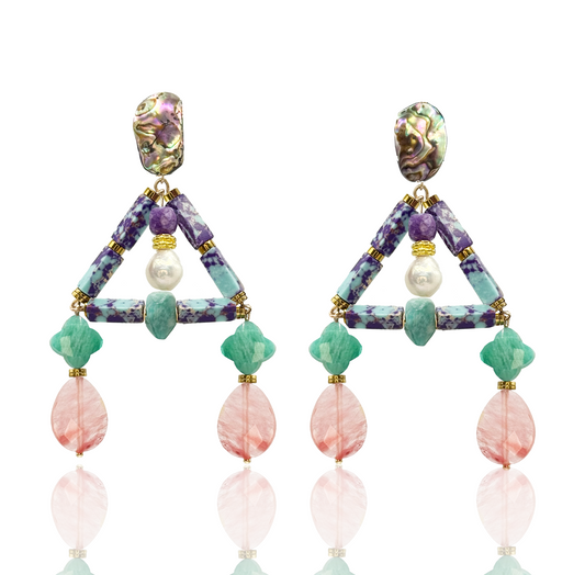 Boho Gemstone Earrings With Amazonite, Amethyst, Pearl & Mother of Pearl & Watermelon Quartz