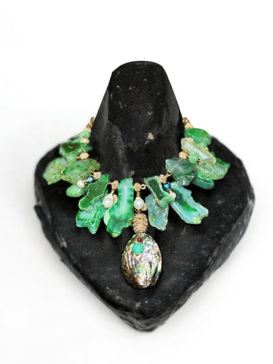 Green Agate Gemstone Statement Necklace with Pearls & Abalone Pendant