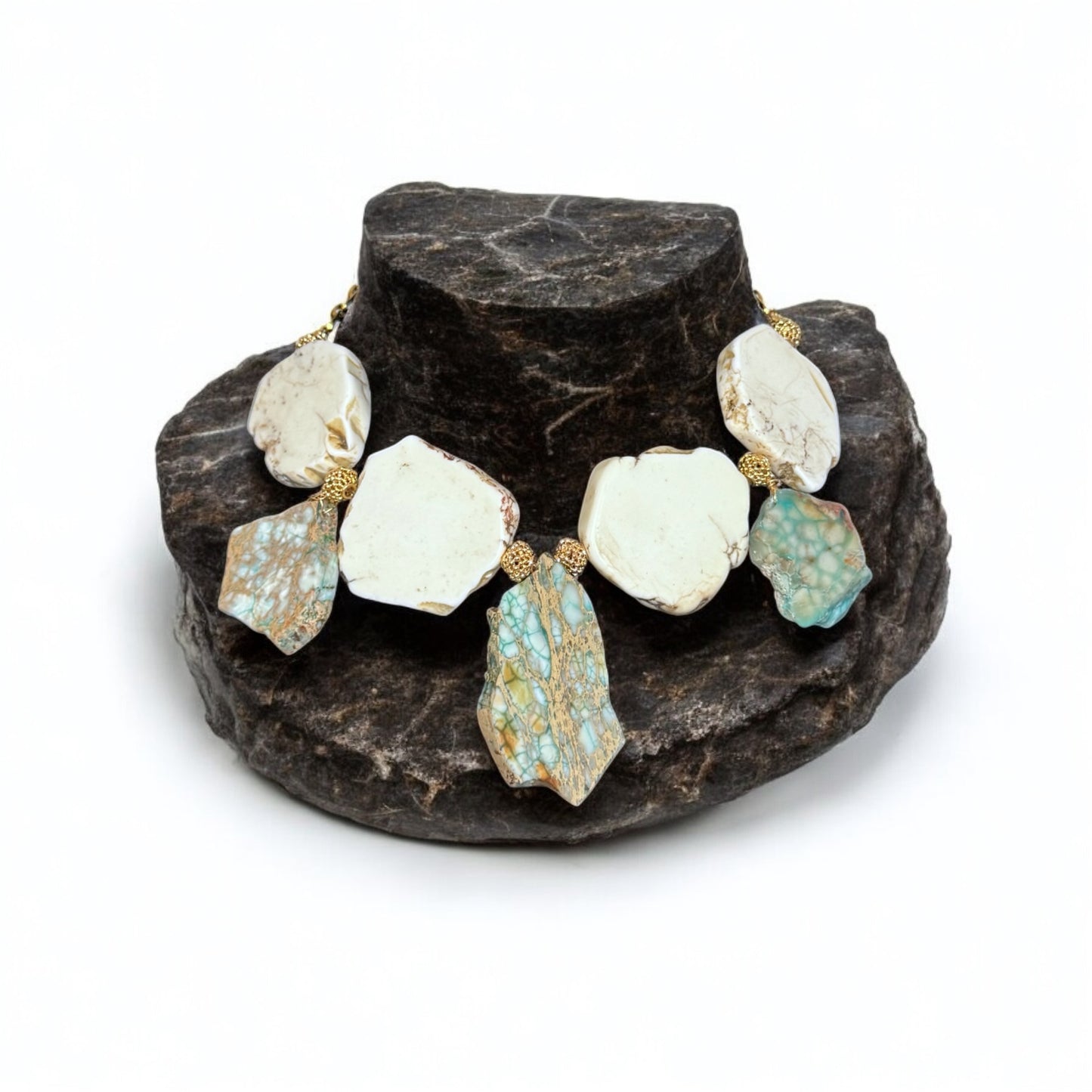 Howlite and turquoise gemstone statement necklace for sale