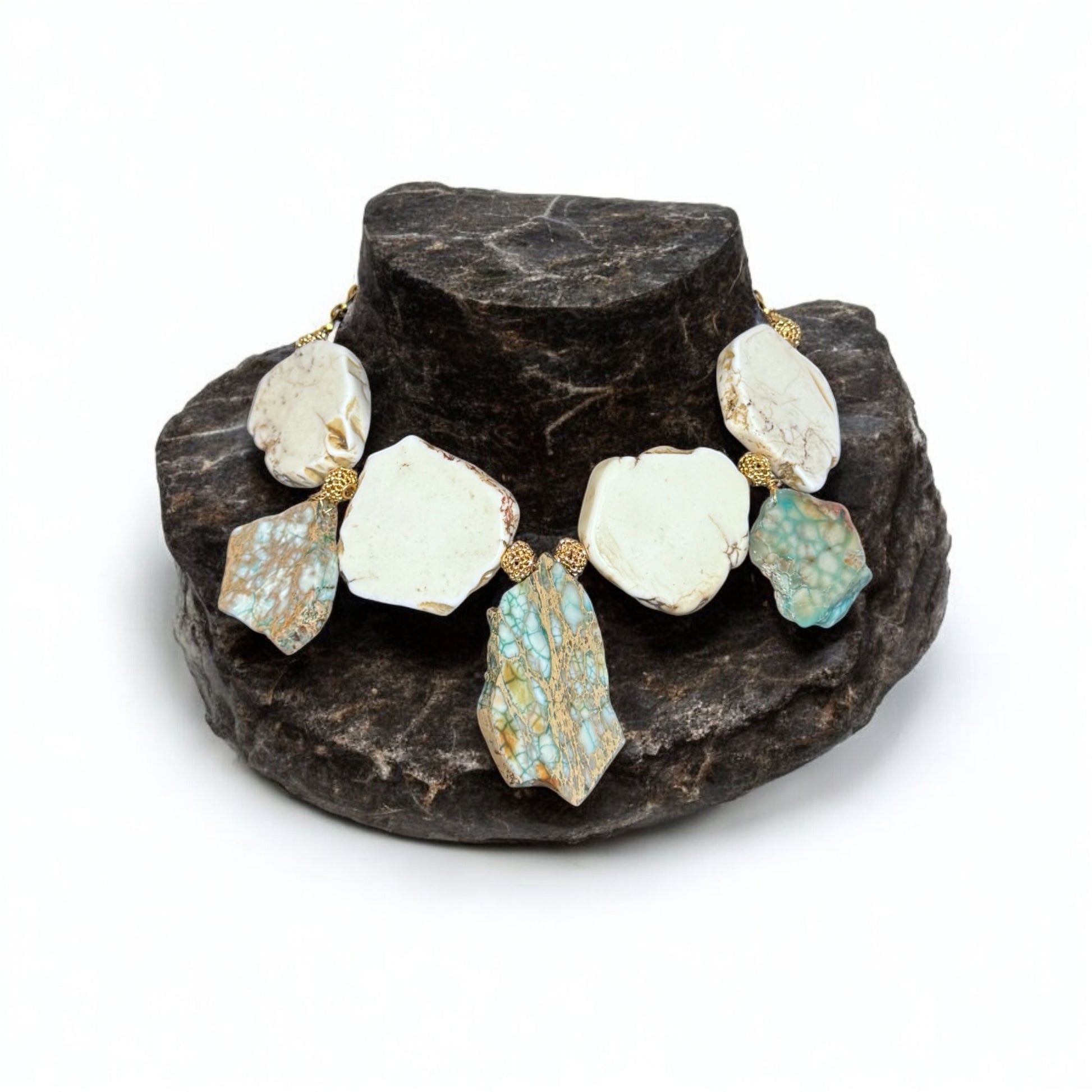Howlite and turquoise gemstone statement necklace for sale