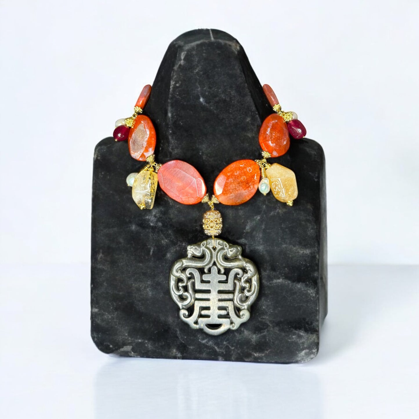 Necklace with colorful agate beads and  black jade pendant with pearls, citrine and gold plated hematite