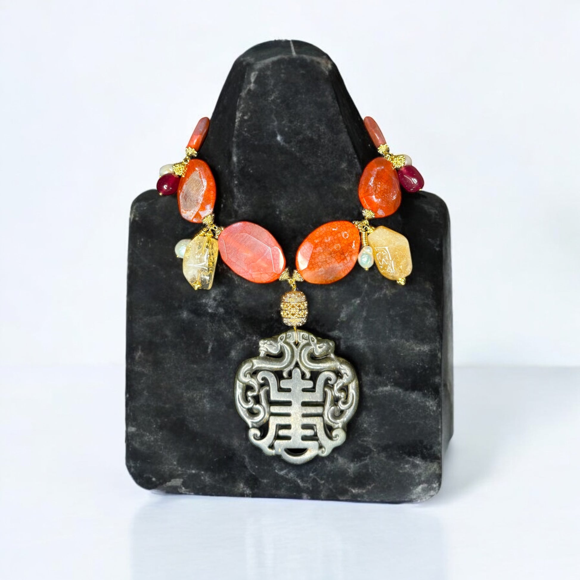 Necklace with colorful agate beads and  black jade pendant with pearls, citrine and gold plated hematite