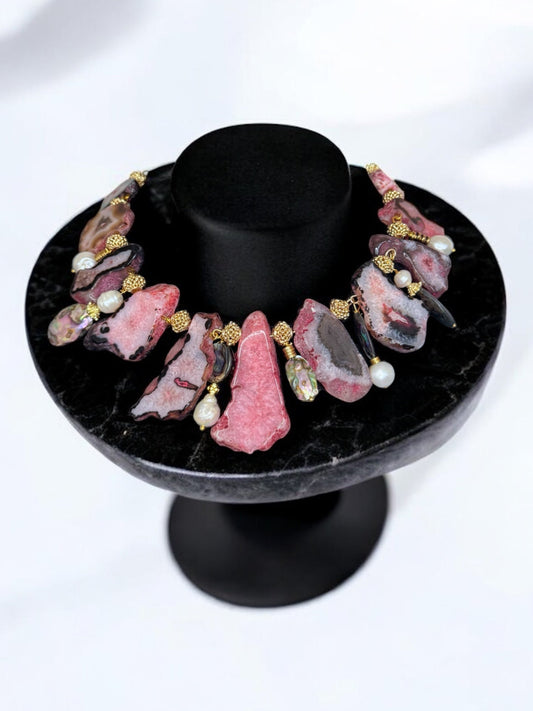 Artisan Pink agate gemstone statement necklace with pearls and mother of pearl 