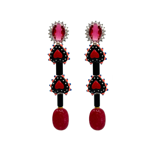 Statement Dangle Earrings with Obsidian & Carnelian gemstones, handcrafted ceramic hearts, and gold-plated hematite