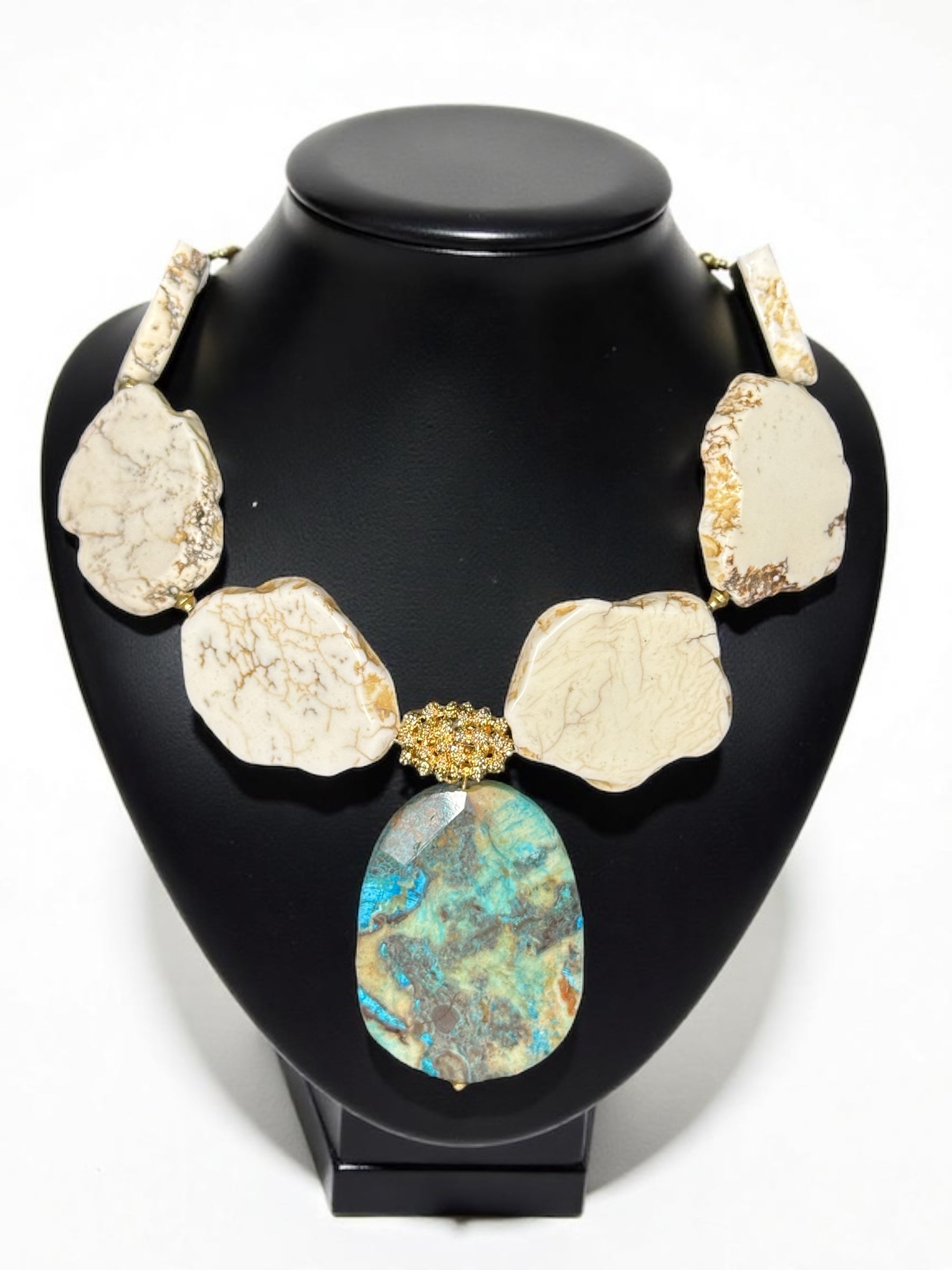 White Howlite Gemstone Necklace with Chrysocolla Pendant