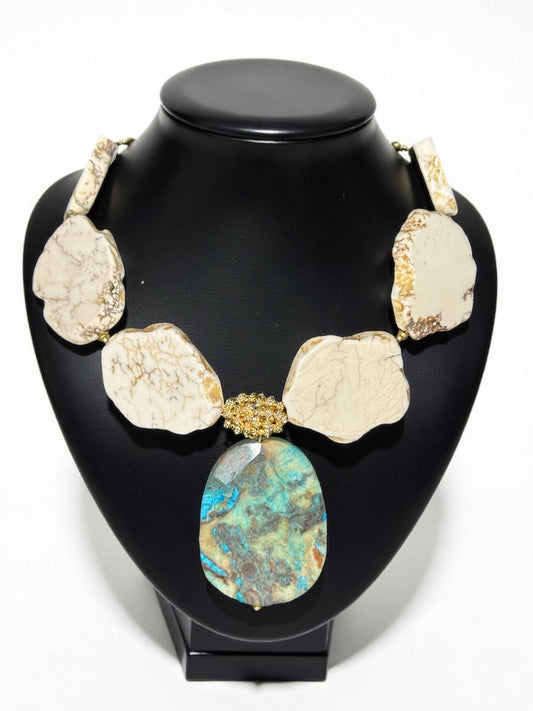 White Howlite Gemstone Necklace with Chrysocolla Pendant