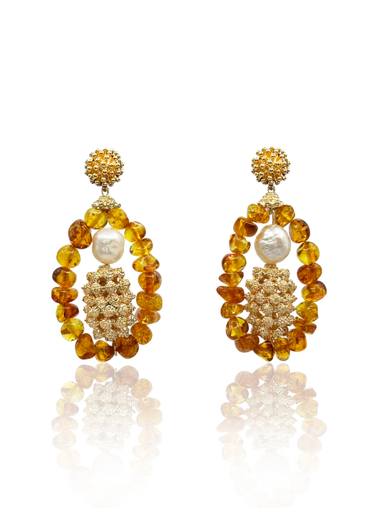 Amber Drop Earrings With Pearls