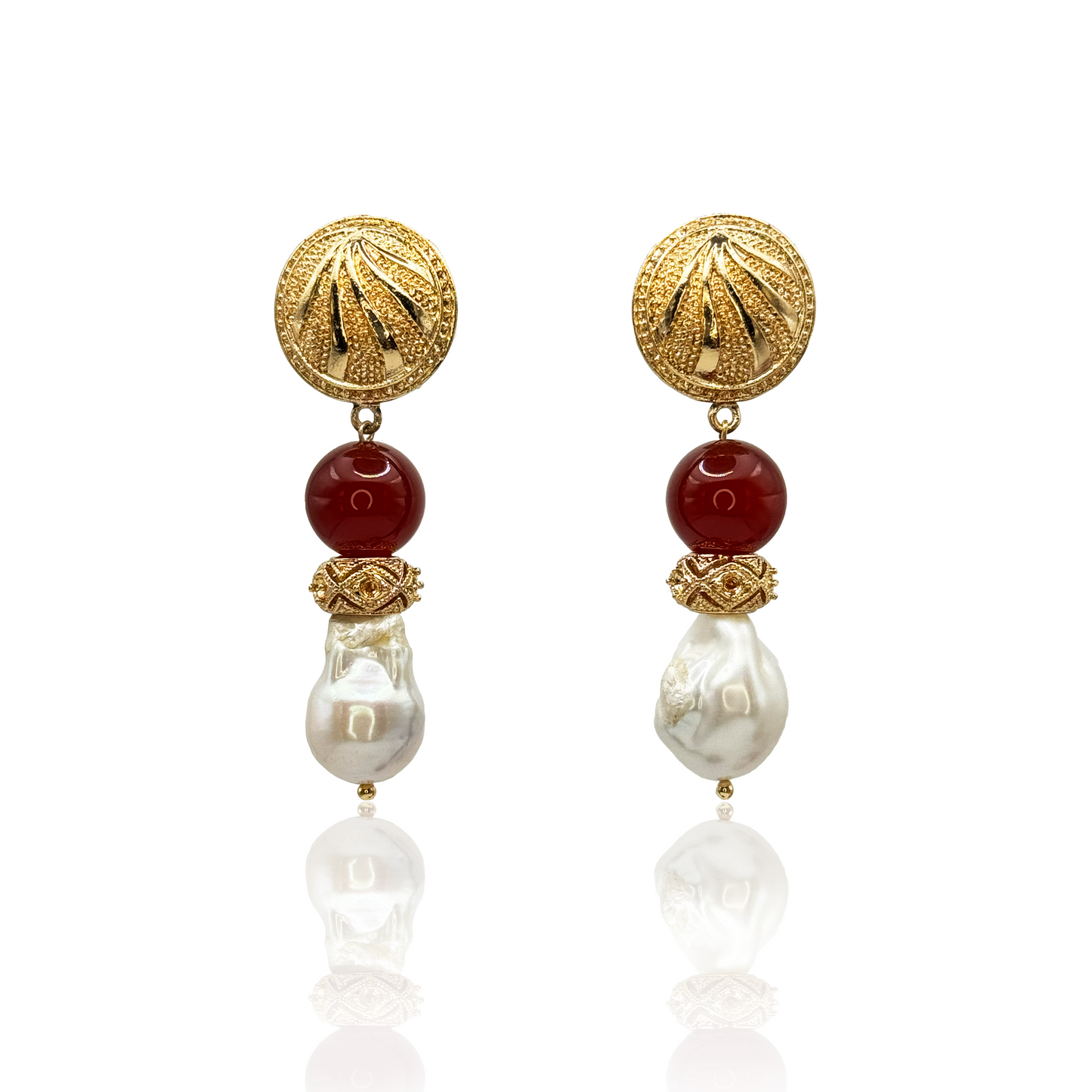 Red Carnelian Gemstone & Baroque Pearl Earrings