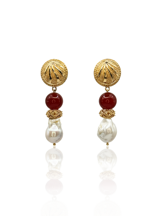 Red Carnelian Gemstone & Baroque Pearl Earrings