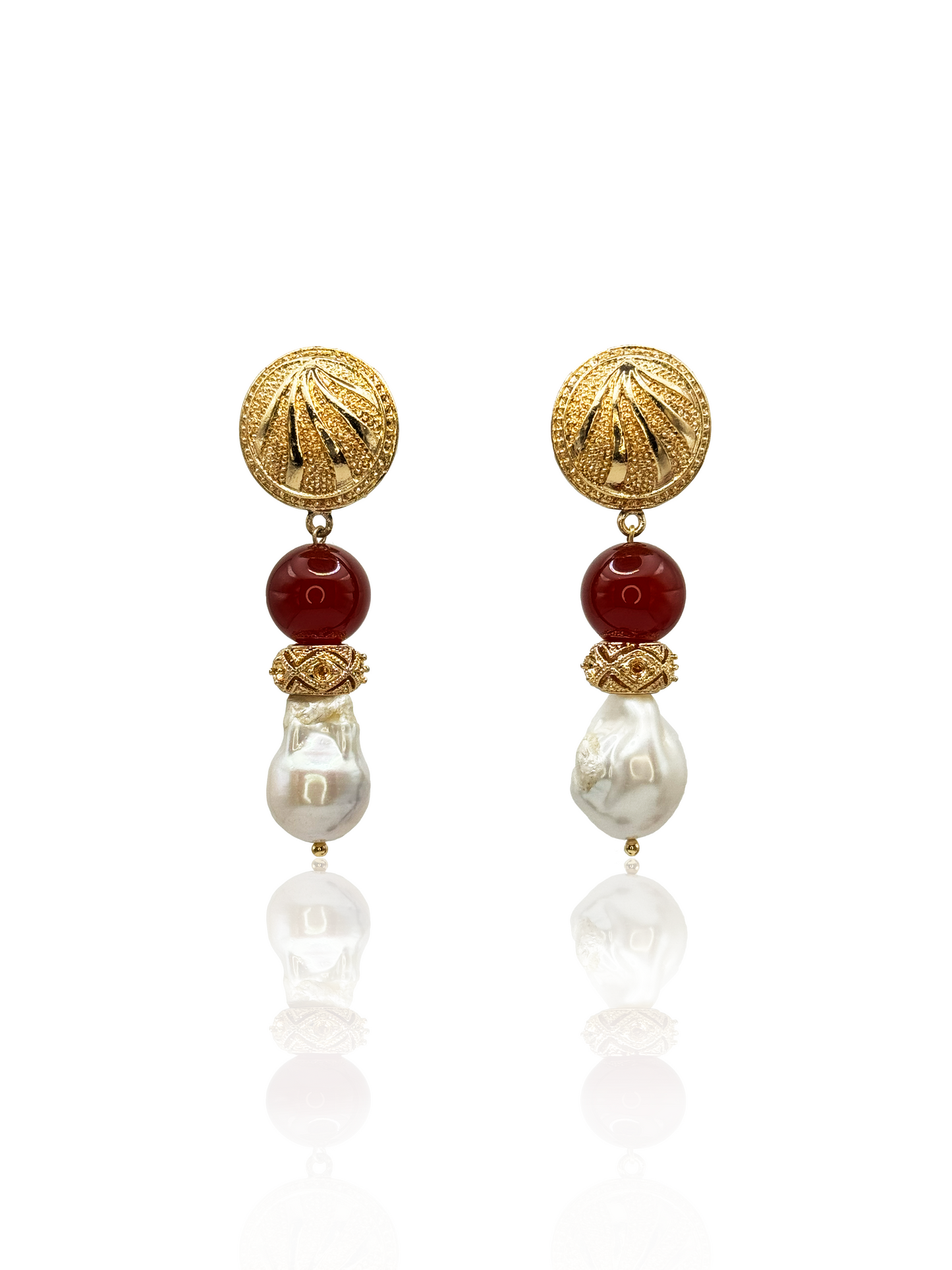 Baroque Pearl Drop Earrings With Burgundy Carnelian Gemstone
